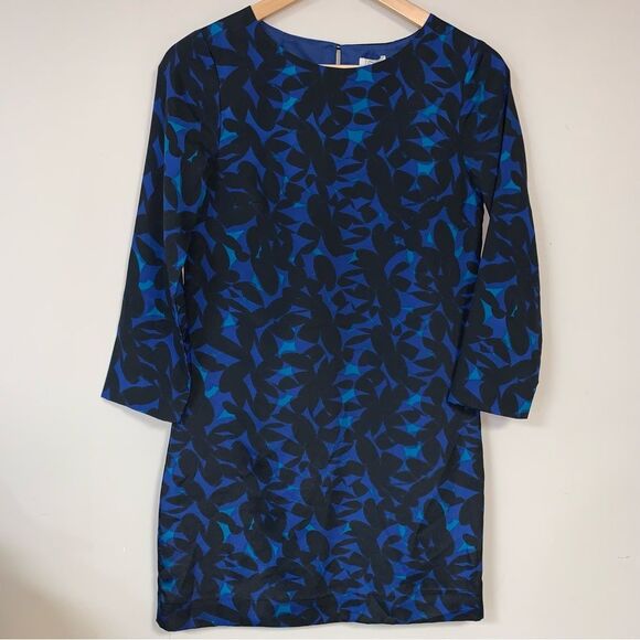 J. Crew Dress Women’s 00 Black Blue Floral Petal Pattern Pencil Business Work - Picture 2 of 10